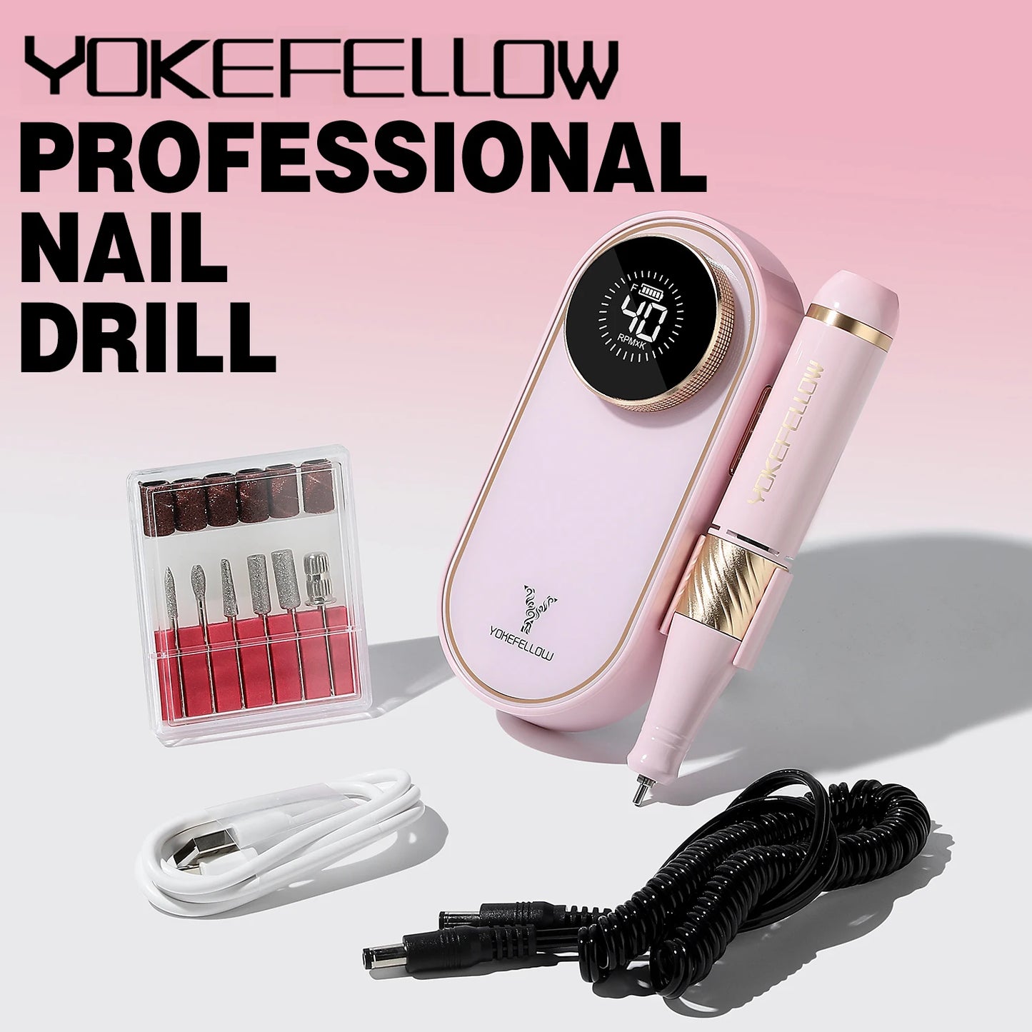 YOKEFELLOW Portable 40000RPM Nail Drill Machine Rechargeable Electric Drill for Nails With 12 Drill Bits for Acrylic Gel Nails