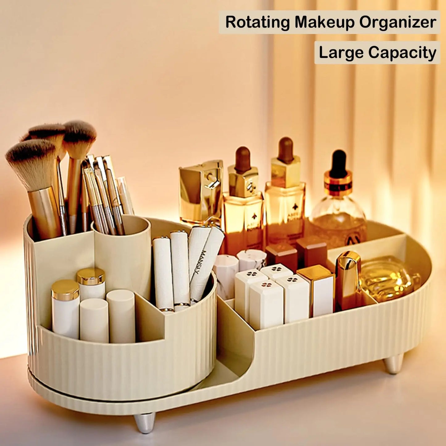 360 Rotating Makeup Organizer for Vanity with Brush Holder,  Large Spinning Cosmetic Storage Box For Countertop Bathroom Dresser