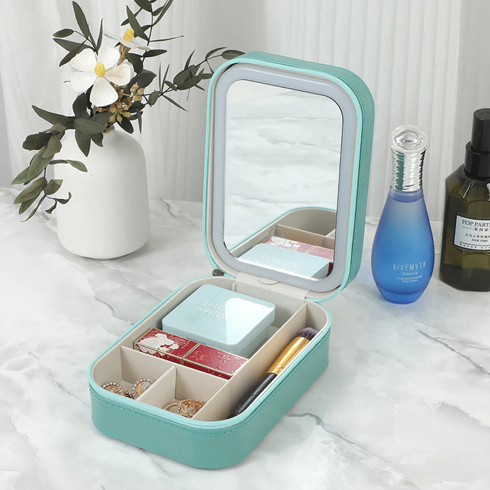 Makeup Storage Box With Led Light Mirror Portable Travel Makeup Cosmetics Jewelry Storage Box Touch Light Storage Organizer