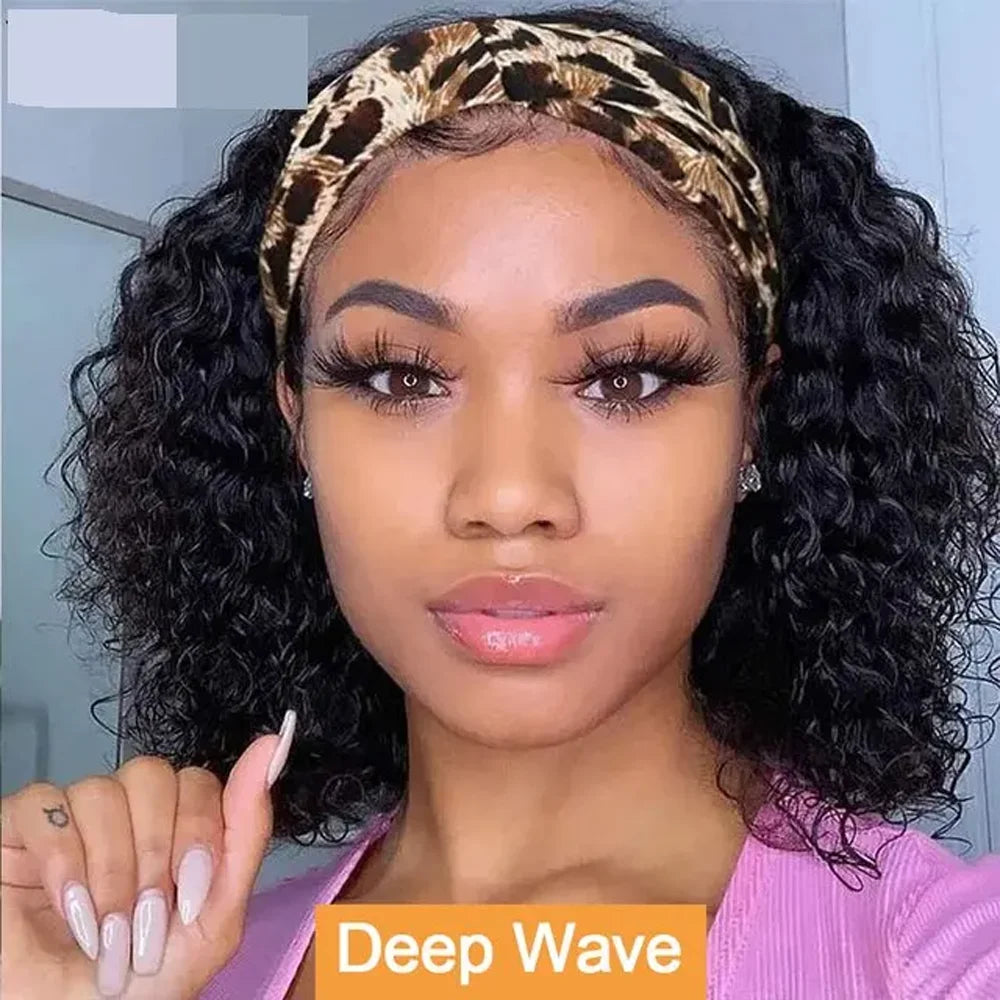 Water Wave Headband Wig Kinky Curly Human Hair Wigs For Women Brazilian Glueless Full Machine Made Remy Human Hair Wig Scarf Wig