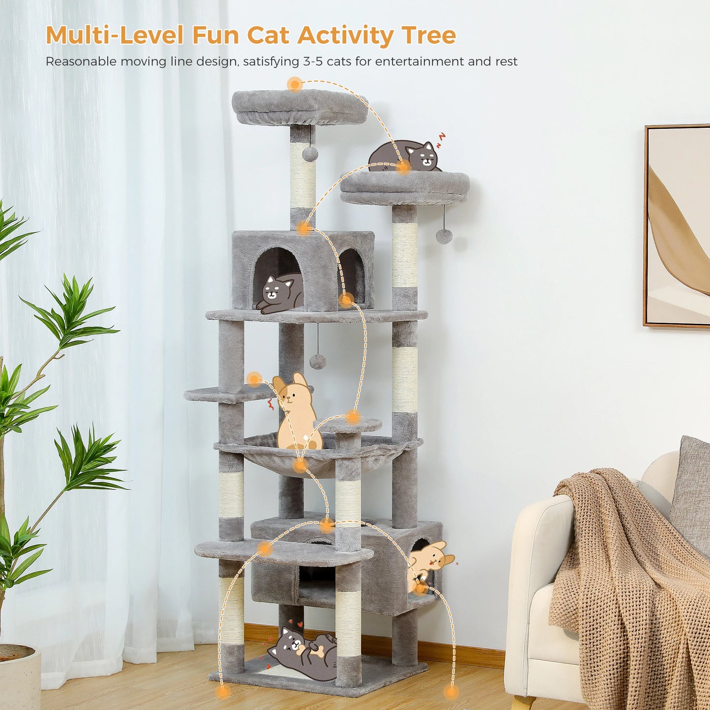 184cm Large Cat Tree and Tower for Indoor Cats With Sisal-Covered Scratching Posts Spacious Hammock Padded Perches and Condos