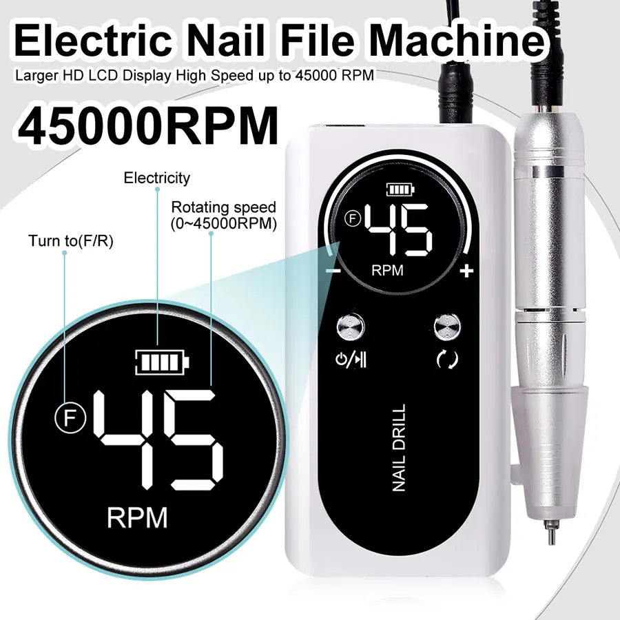 Professional 45000RPM Electric Portable Nail Drill Machine Rechargeable Low Noise Nail Sander File For Manicure Salon Tool