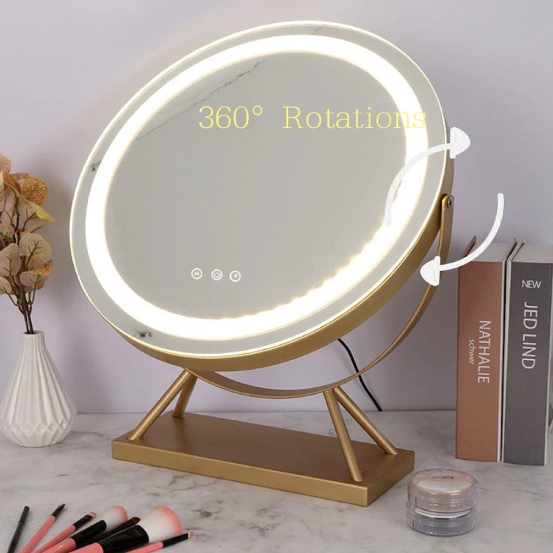 LED Lighted Circle Mirror Round Tabletop/Desk Mirror 3 Color Dimmable Lighting Modes Make up Mirrors