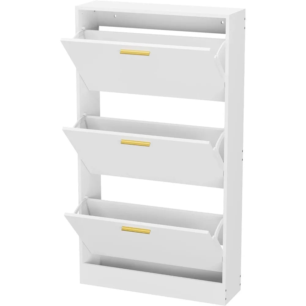 Shoe Cabinet Storage with 3 Flip Drawers for Entryway, White Slim Freestanding Modern Narrow Organizer Rack Living Room