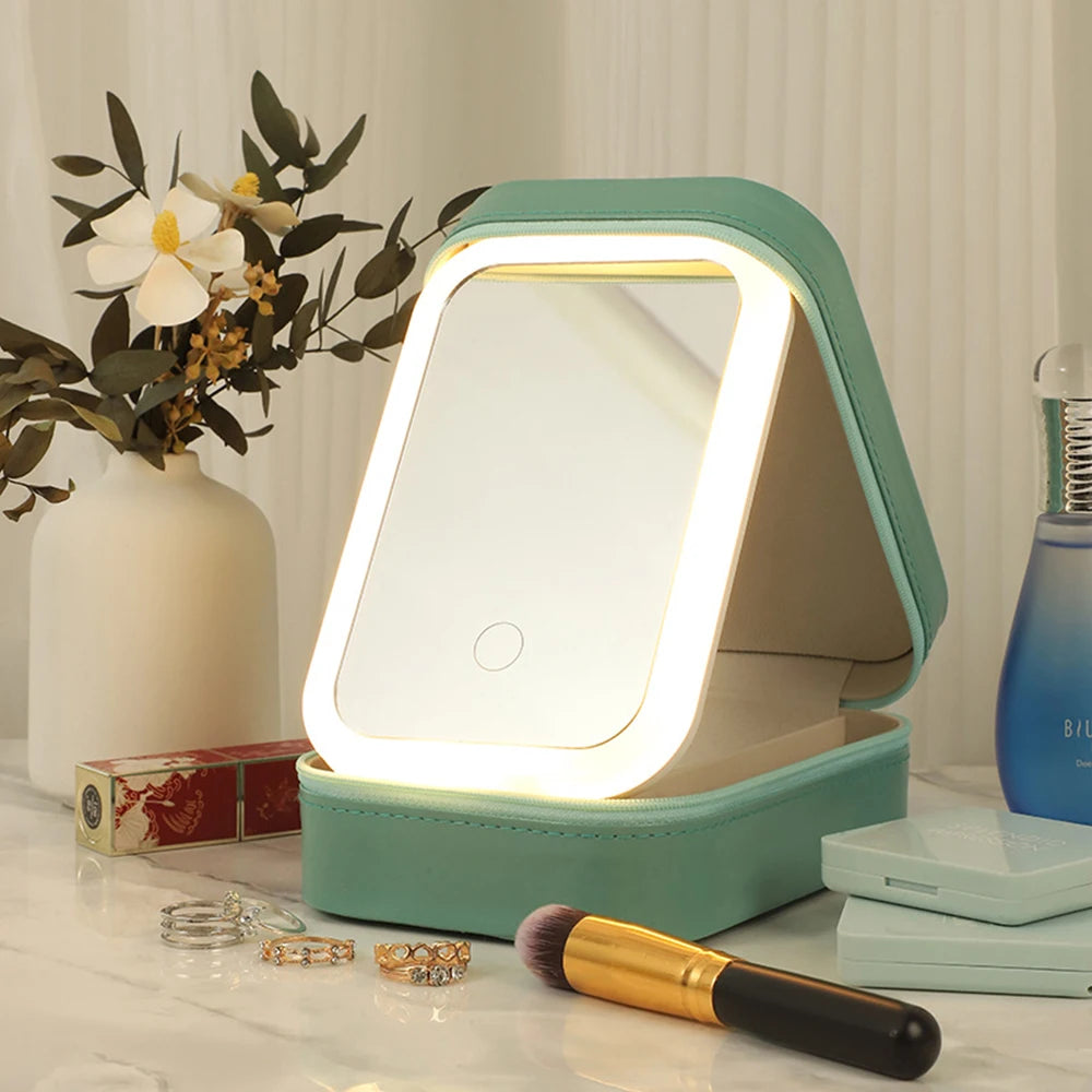 Makeup Storage Box With Led Light Mirror Portable Travel Makeup Cosmetics Jewelry Storage Box Touch Light Storage Organizer