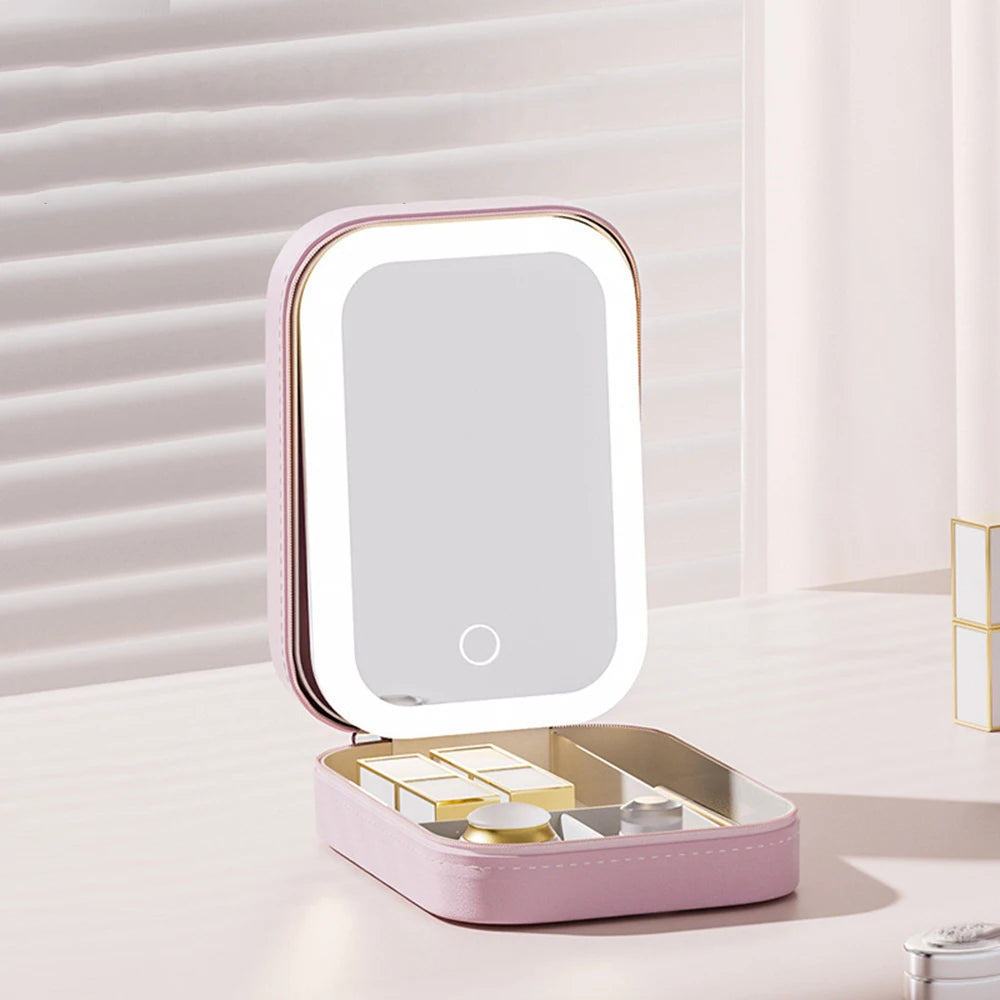 Makeup Storage Box With Led Light Mirror Portable Travel Makeup Cosmetics Jewelry Storage Box Touch Light Storage Organizer