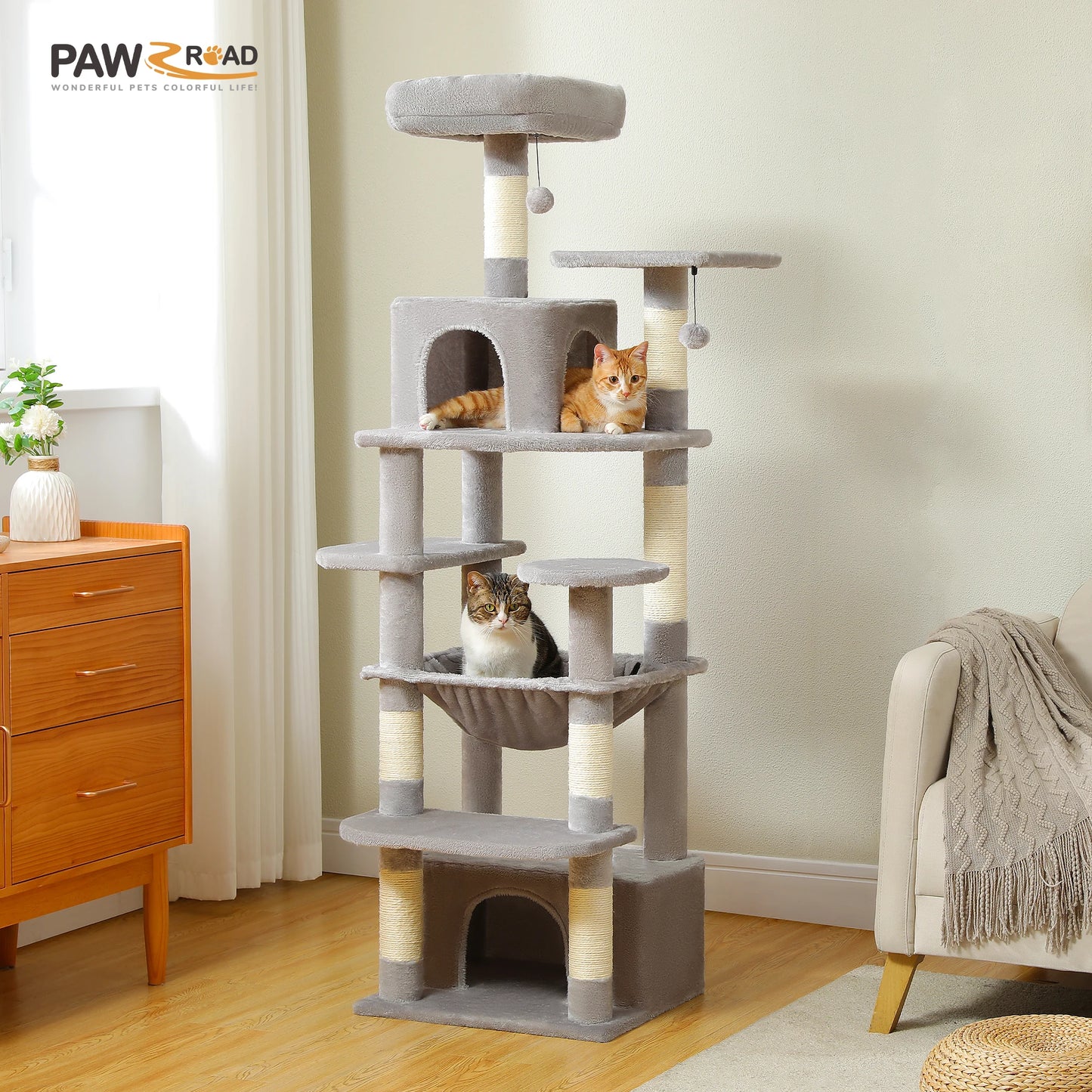 184cm Large Cat Tree and Tower for Indoor Cats With Sisal-Covered Scratching Posts Spacious Hammock Padded Perches and Condos