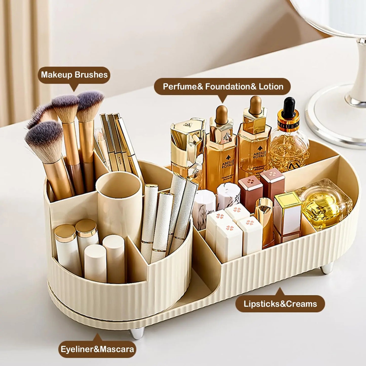 360 Rotating Makeup Organizer for Vanity with Brush Holder,  Large Spinning Cosmetic Storage Box For Countertop Bathroom Dresser