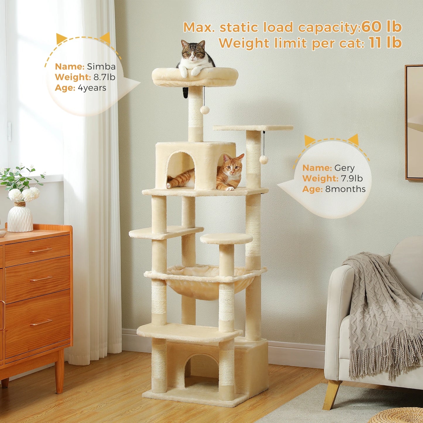 184cm Large Cat Tree and Tower for Indoor Cats With Sisal-Covered Scratching Posts Spacious Hammock Padded Perches and Condos