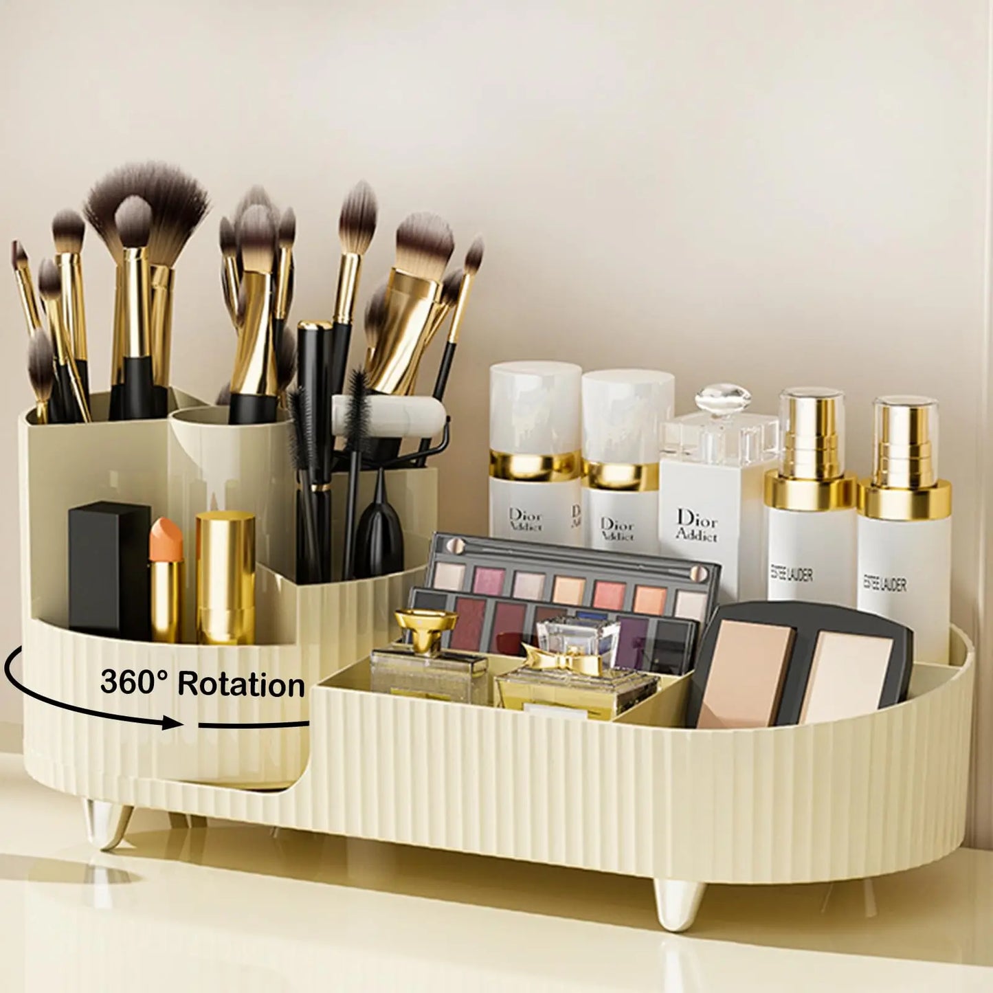 360 Rotating Makeup Organizer for Vanity with Brush Holder,  Large Spinning Cosmetic Storage Box For Countertop Bathroom Dresser