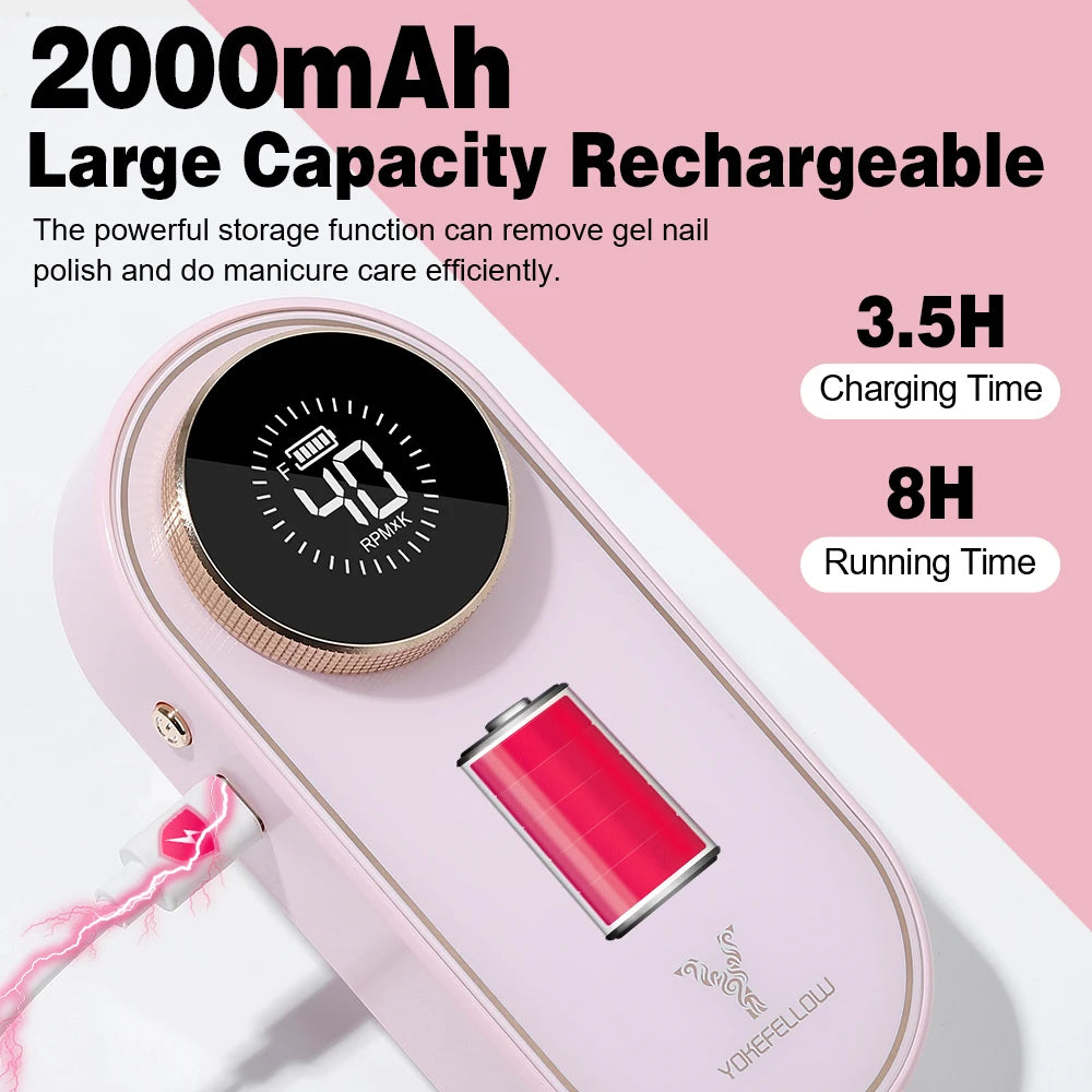 YOKEFELLOW Portable 40000RPM Nail Drill Machine Rechargeable Electric Drill for Nails With 12 Drill Bits for Acrylic Gel Nails