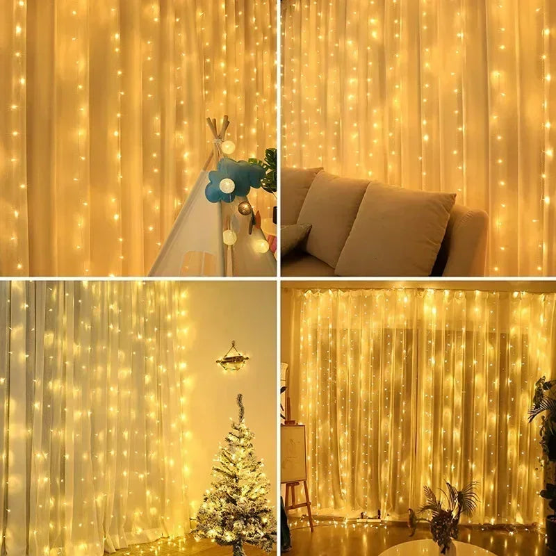 Christmas Lights Curtains for Windows Led Fairy New Year Lighting Room String Garland Usb Party Waterfalls Decorations Girls