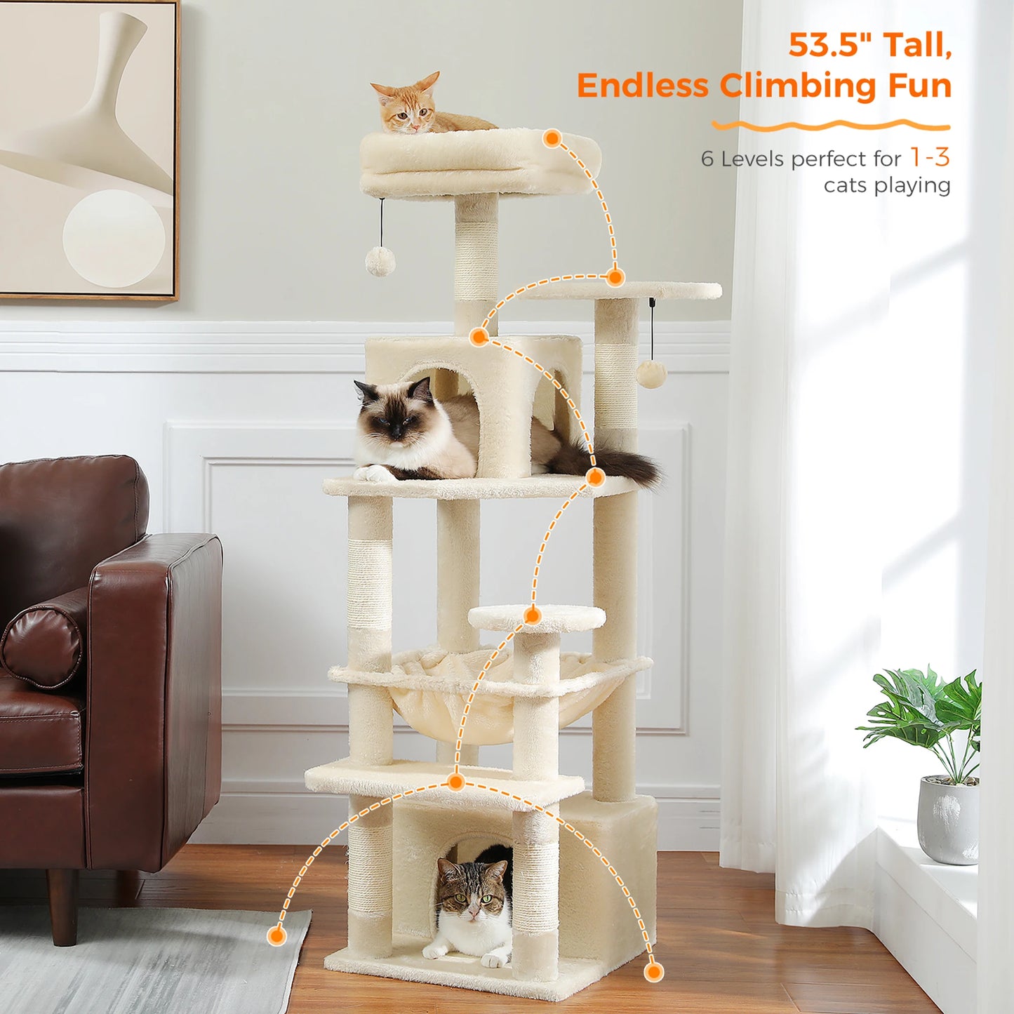 184cm Large Cat Tree and Tower for Indoor Cats With Sisal-Covered Scratching Posts Spacious Hammock Padded Perches and Condos