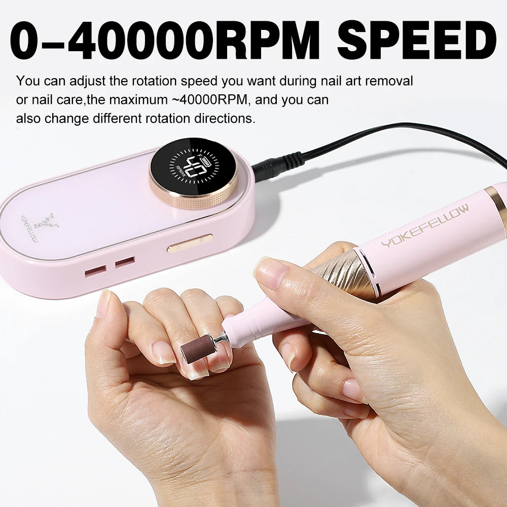 YOKEFELLOW 40000 RPM Nail Drill Machine Rechargeable Electric Nail Sander for Remove Gel Nail Portable Electric Nail file