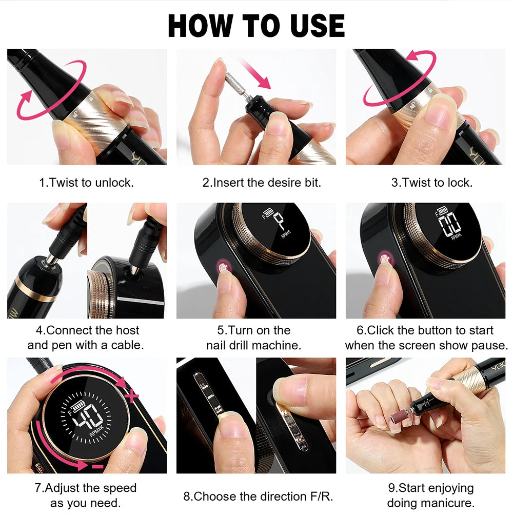 YOKEFELLOW 40000 RPM Nail Drill Machine Rechargeable Electric Nail Sander for Remove Gel Nail Portable Electric Nail file