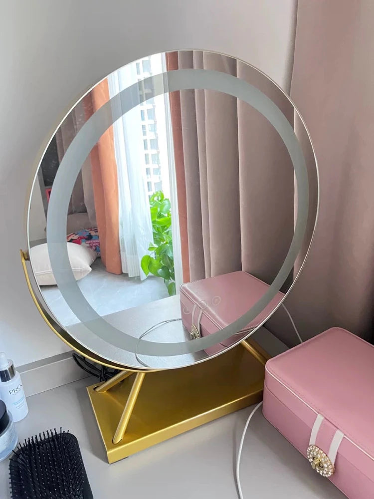 LED Lighted Circle Mirror Round Tabletop/Desk Mirror 3 Color Dimmable Lighting Modes Make up Mirrors