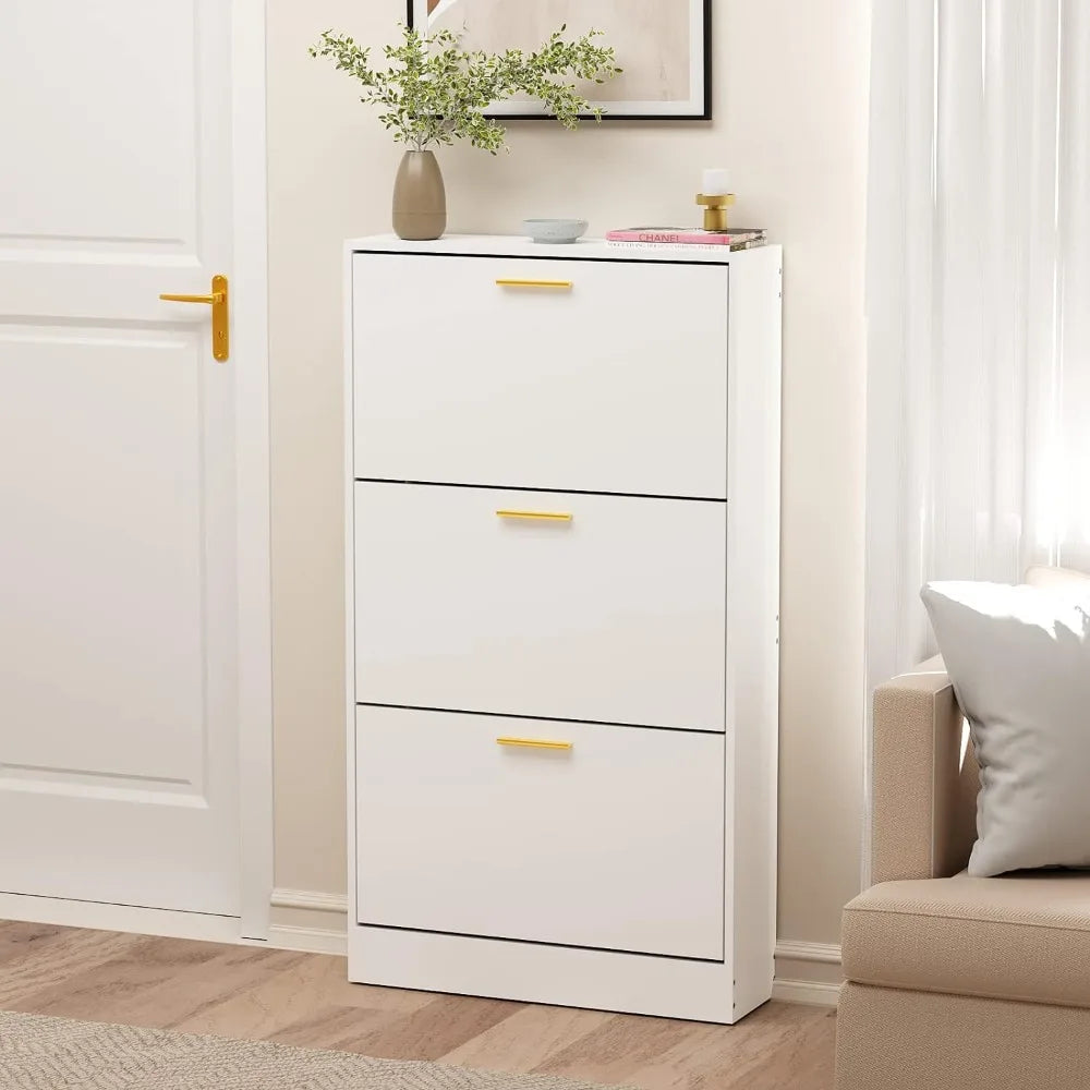 Shoe Cabinet Storage with 3 Flip Drawers for Entryway, White Slim Freestanding Modern Narrow Organizer Rack Living Room