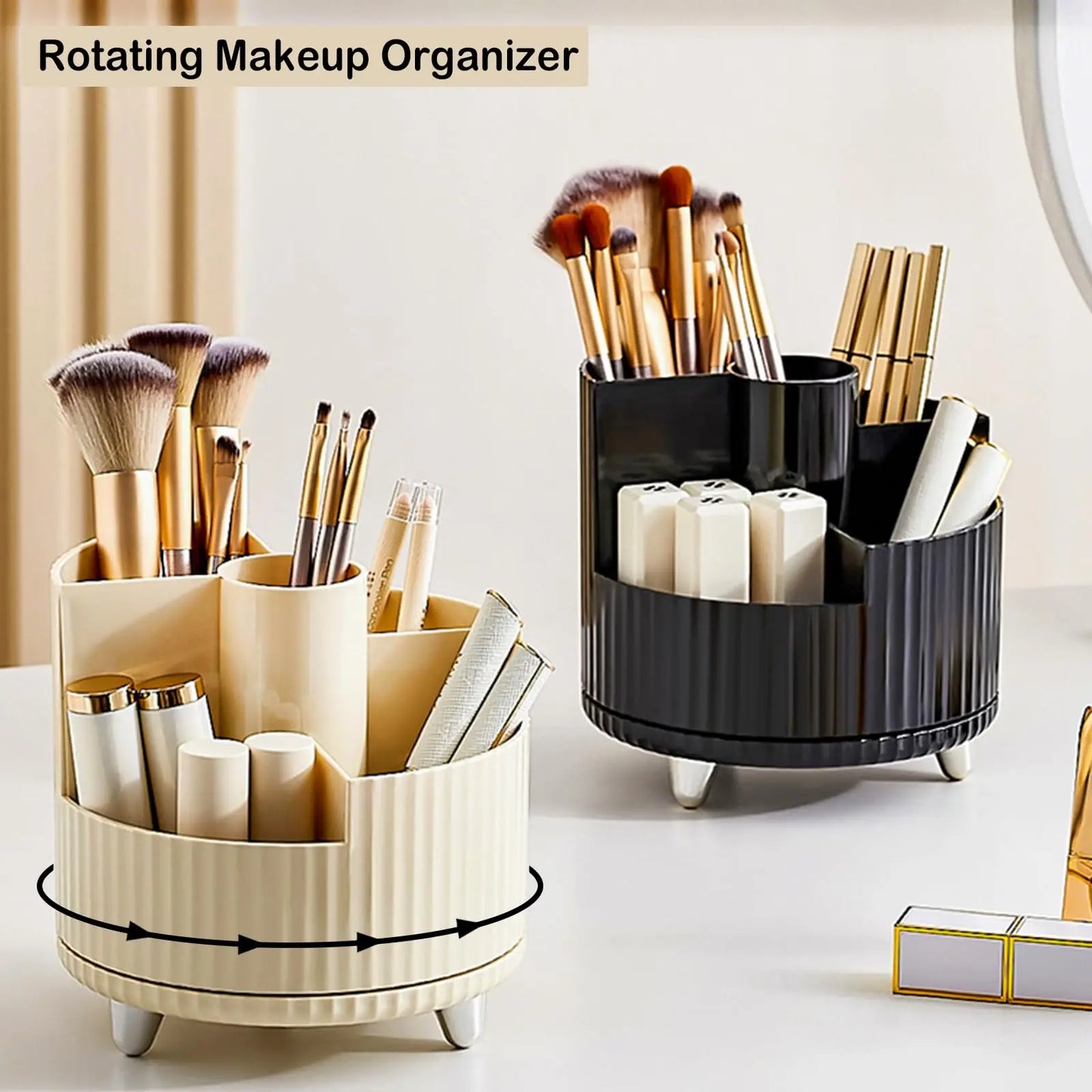 360 Rotating Makeup Organizer for Vanity with Brush Holder,  Large Spinning Cosmetic Storage Box For Countertop Bathroom Dresser