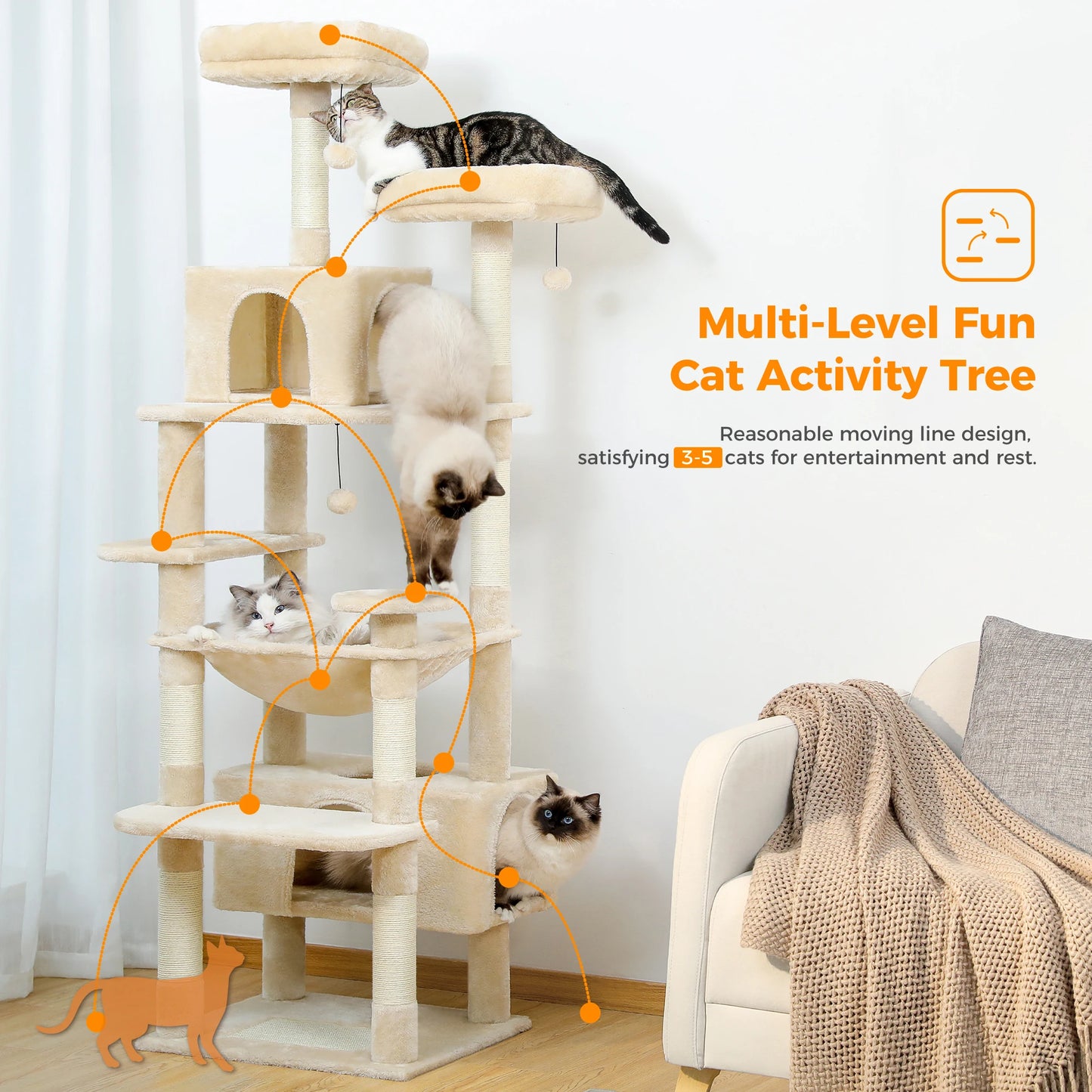 184cm Large Cat Tree and Tower for Indoor Cats With Sisal-Covered Scratching Posts Spacious Hammock Padded Perches and Condos