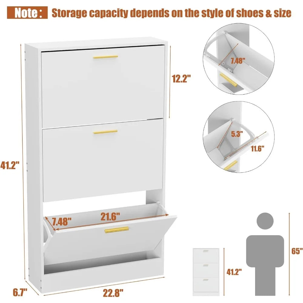 Shoe Cabinet Storage with 3 Flip Drawers for Entryway, White Slim Freestanding Modern Narrow Organizer Rack Living Room