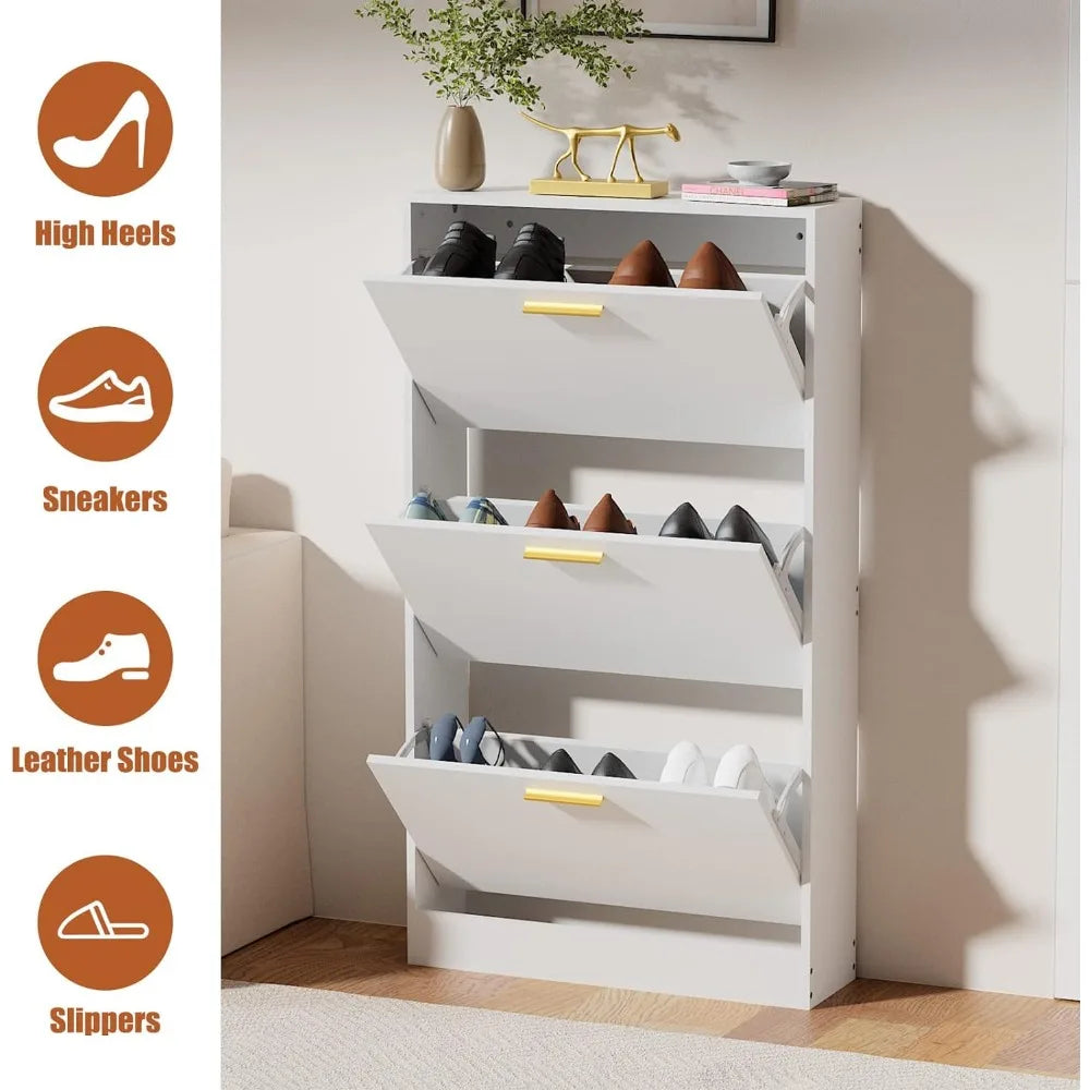 Shoe Cabinet Storage with 3 Flip Drawers for Entryway, White Slim Freestanding Modern Narrow Organizer Rack Living Room