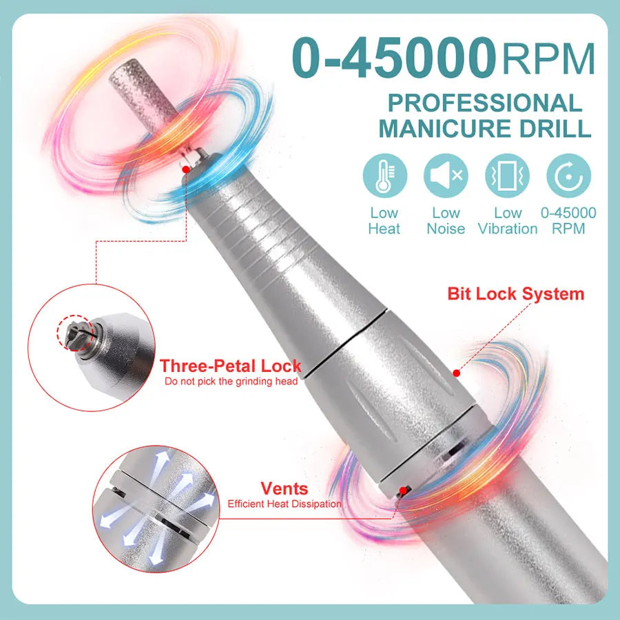 Professional 45000RPM Electric Portable Nail Drill Machine Rechargeable Low Noise Nail Sander File For Manicure Salon Tool