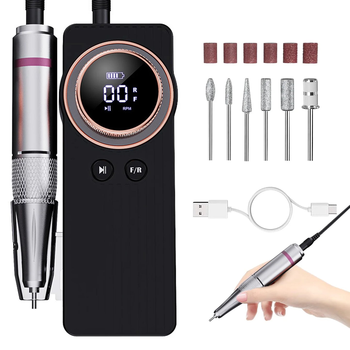 35000RPM Rechargeable Nail Drill Machine Cordless Electric Manicure Milling Cutter Set Nail Files Sander Gel Polish Remover Tool