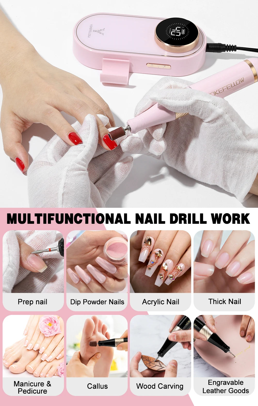 YOKEFELLOW 40000 RPM Nail Drill Machine Rechargeable Electric Nail Sander for Remove Gel Nail Portable Electric Nail file