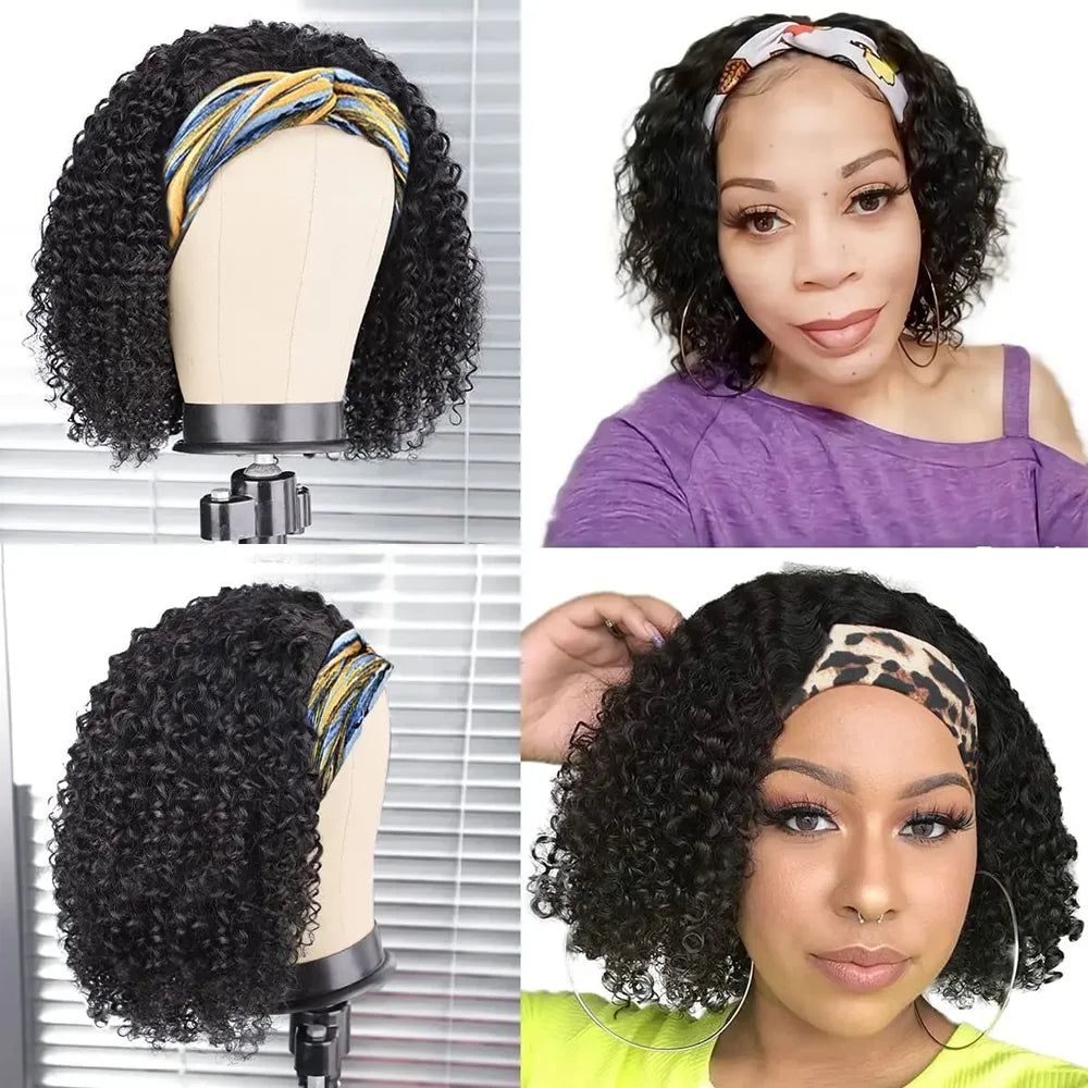 Water Wave Headband Wig Kinky Curly Human Hair Wigs For Women Brazilian Glueless Full Machine Made Remy Human Hair Wig Scarf Wig