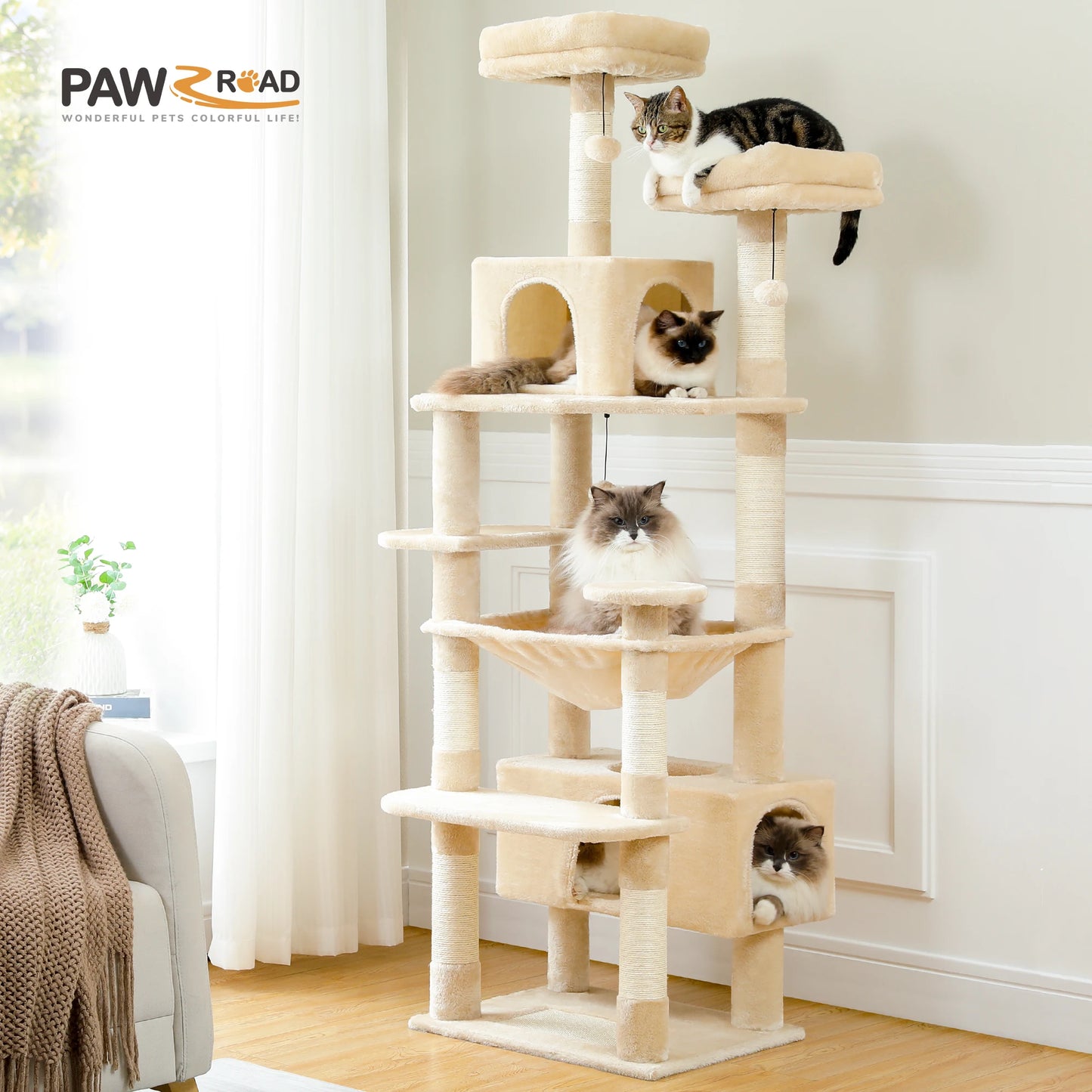 184cm Large Cat Tree and Tower for Indoor Cats With Sisal-Covered Scratching Posts Spacious Hammock Padded Perches and Condos