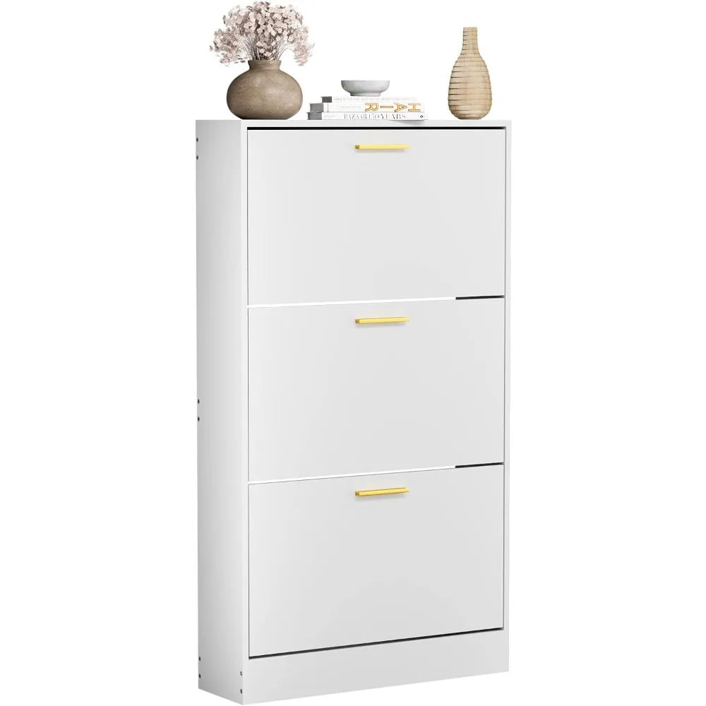 Shoe Cabinet Storage with 3 Flip Drawers for Entryway, White Slim Freestanding Modern Narrow Organizer Rack Living Room