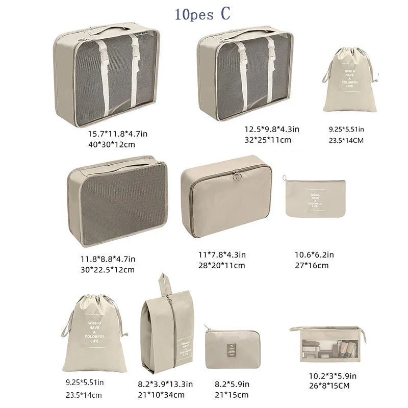 10 Pcs/Set Travel Bags Organizer Storage Clothes Travel Essentials Packing Cubes Travelling Accesories Multifunction Set